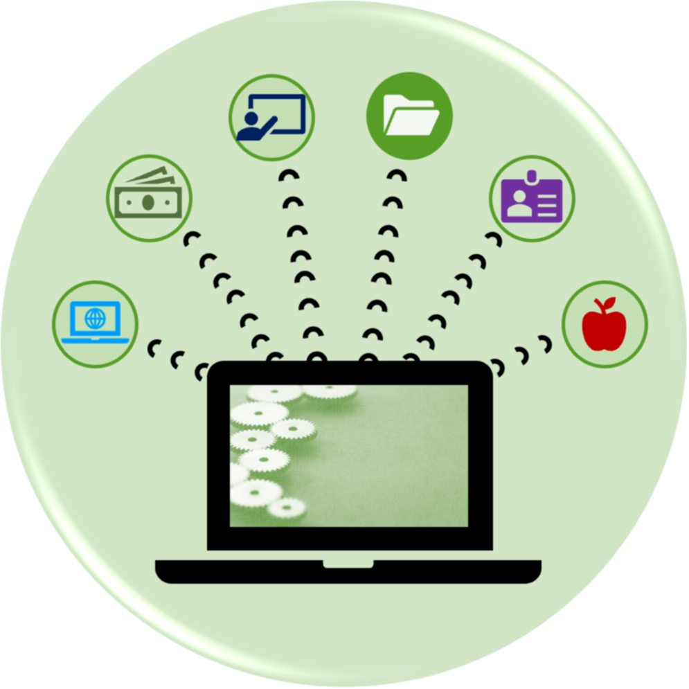 Administrative Systems Training & Support Services circle logo with  images related to the service such as an apple, ID badge, folder, finance and website icons