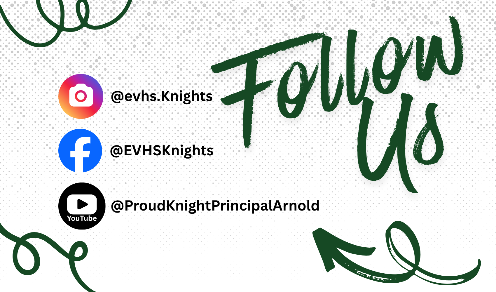 White background with green text reading "Follow Us" and three social media icons for Instagram, Facebook, and YouTube.