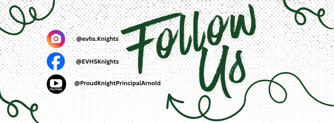 A white banner with green decorative vines. Green text reads "Follow Us". Three social media icons are below.