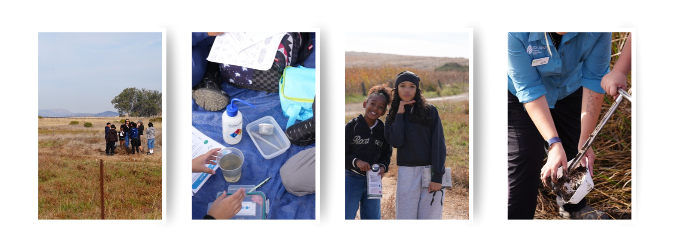 A collage of photos of Grange Middle School students on a fieldtrip to the Suisun Marsh