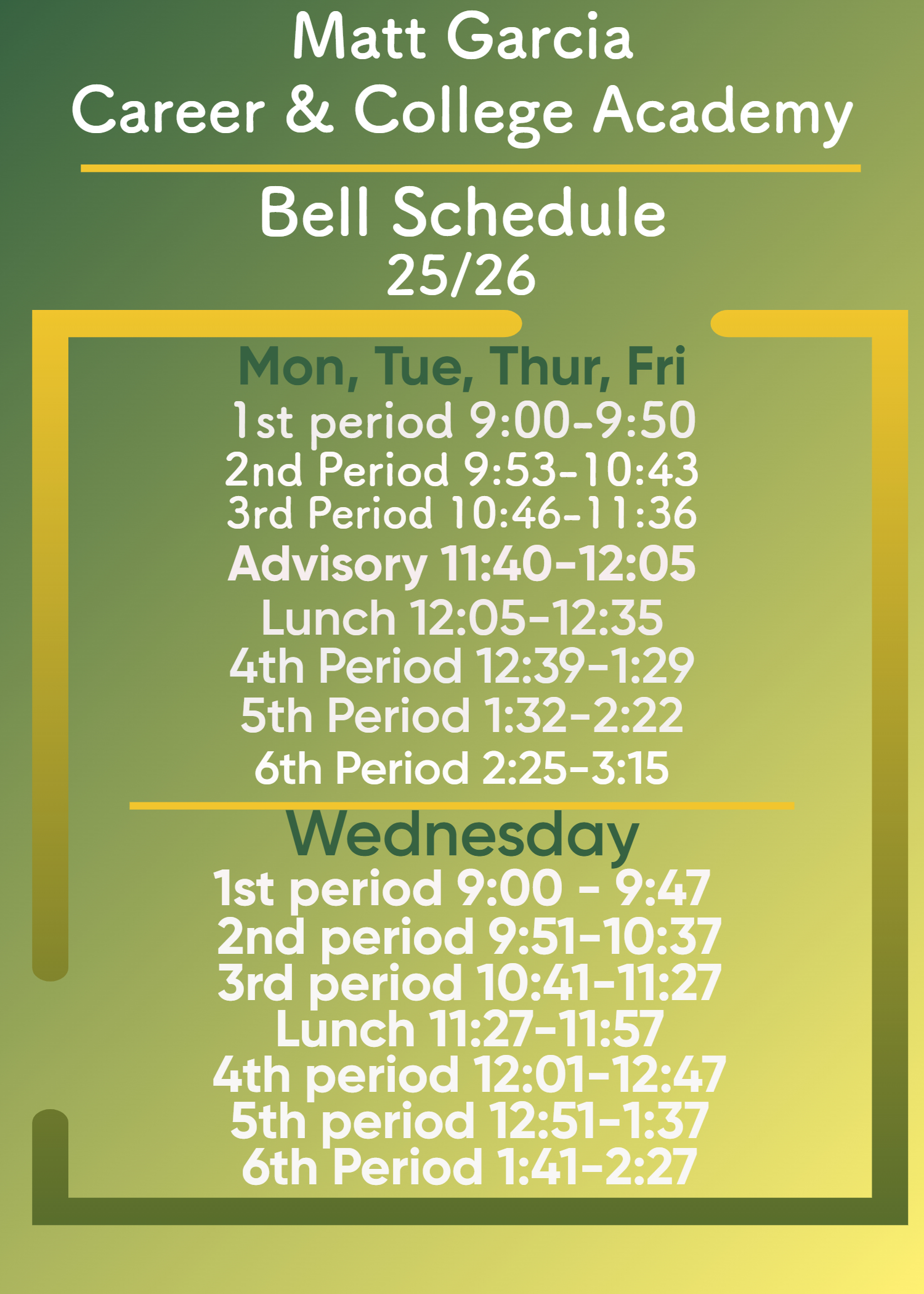 Bell Schedule 2025-2026