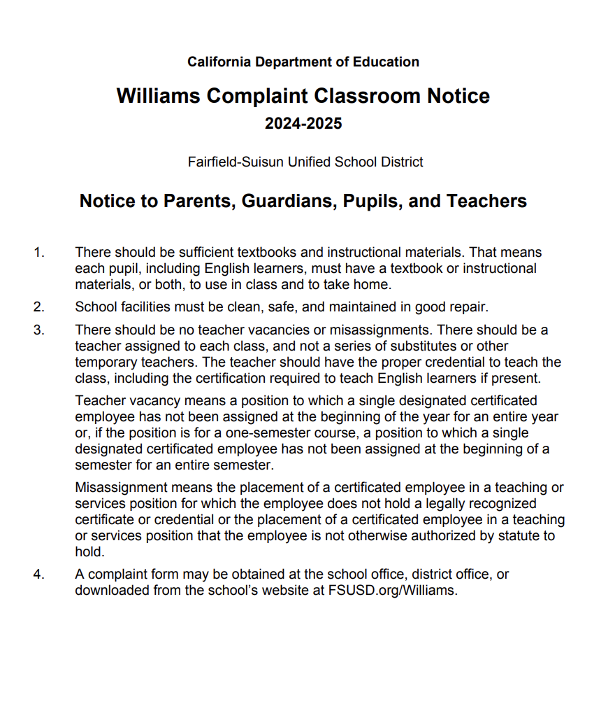 Williams Complaint Classroom Notice  2024-2025