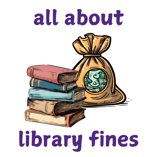 library fines all about logo/ image has a stack of books and a bag of money. 