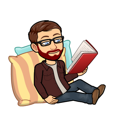 Bitmoji of a man with brown hair and glasses, reading a book.