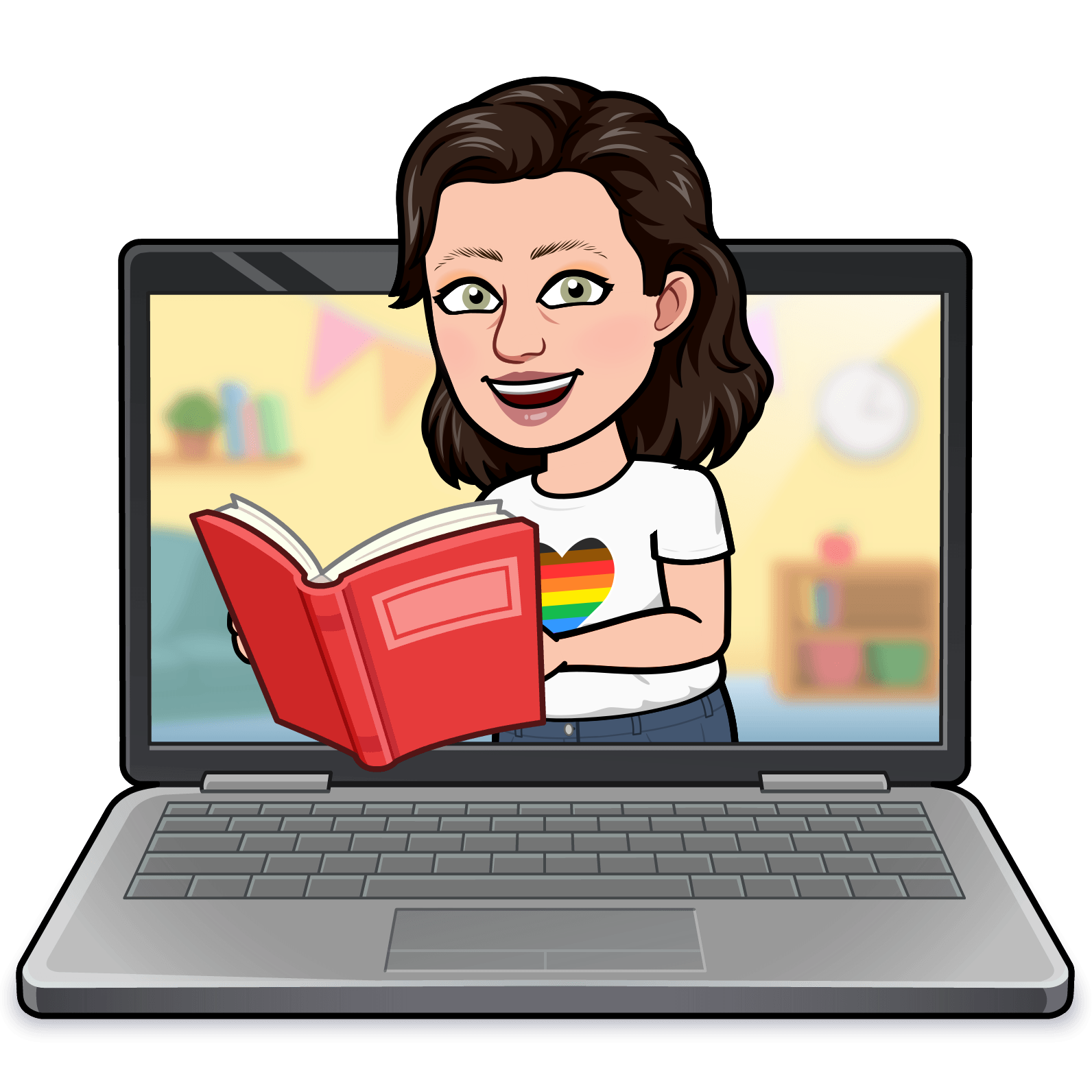 Bitmoji of a woman with brown hair reading a book and popping out of the screen of a laptop compter.