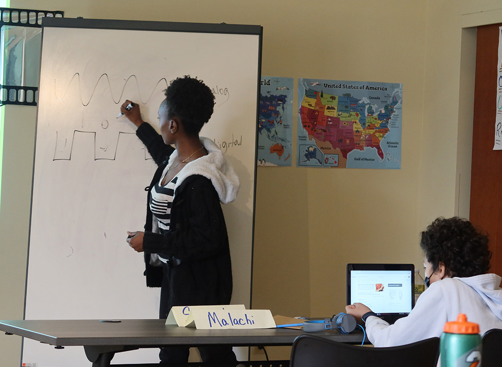 teacher writing on whiteboard while students look on