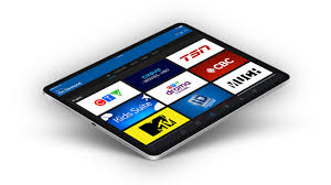 tablet screen showing different streaming services' app tiles (MTV, CBC, etc.)