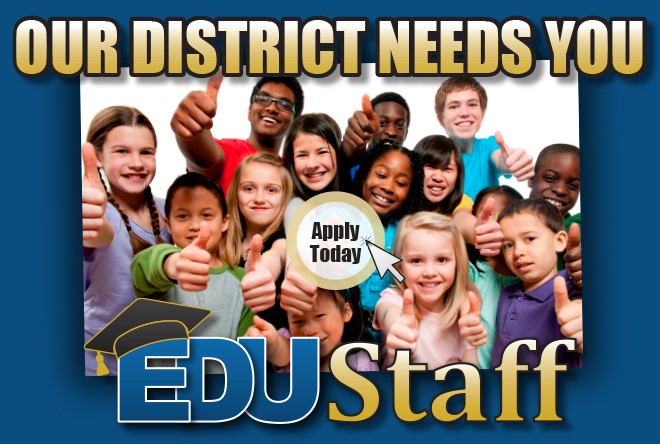 "Our district needs you" with "apply today" button and picture of children in background
