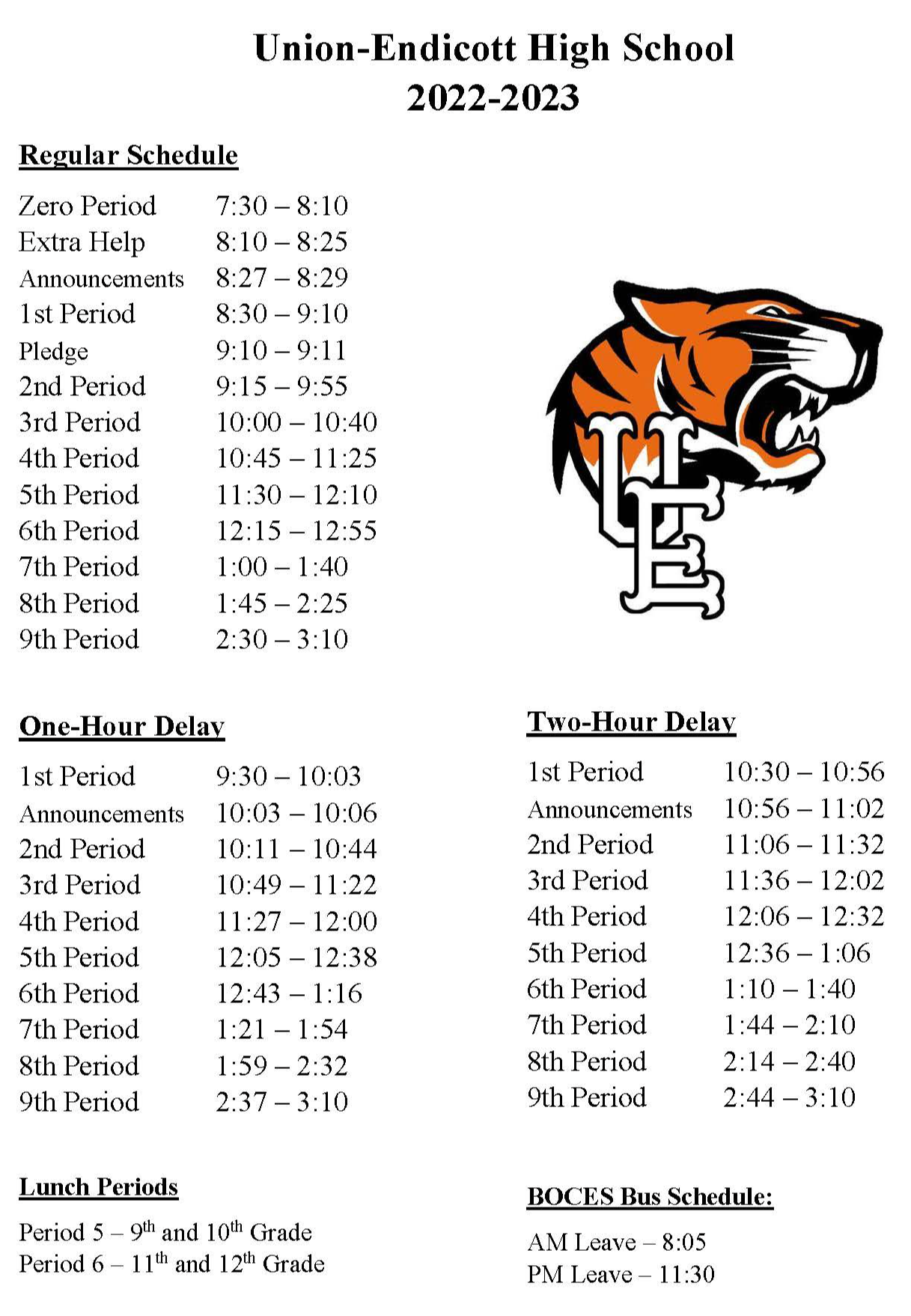 Bell Schedule UnionEndicott High School