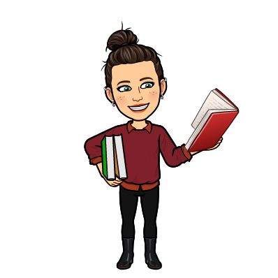 Jesslynn Shafer's bitmoji reading a book while carrying two others under her arm