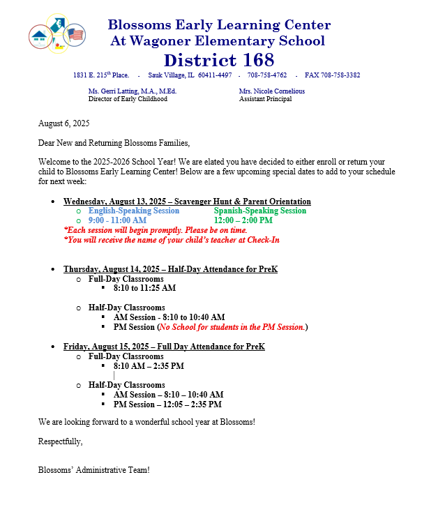 BLOSSOMS BACK TO SCHOOL INFORMATION
