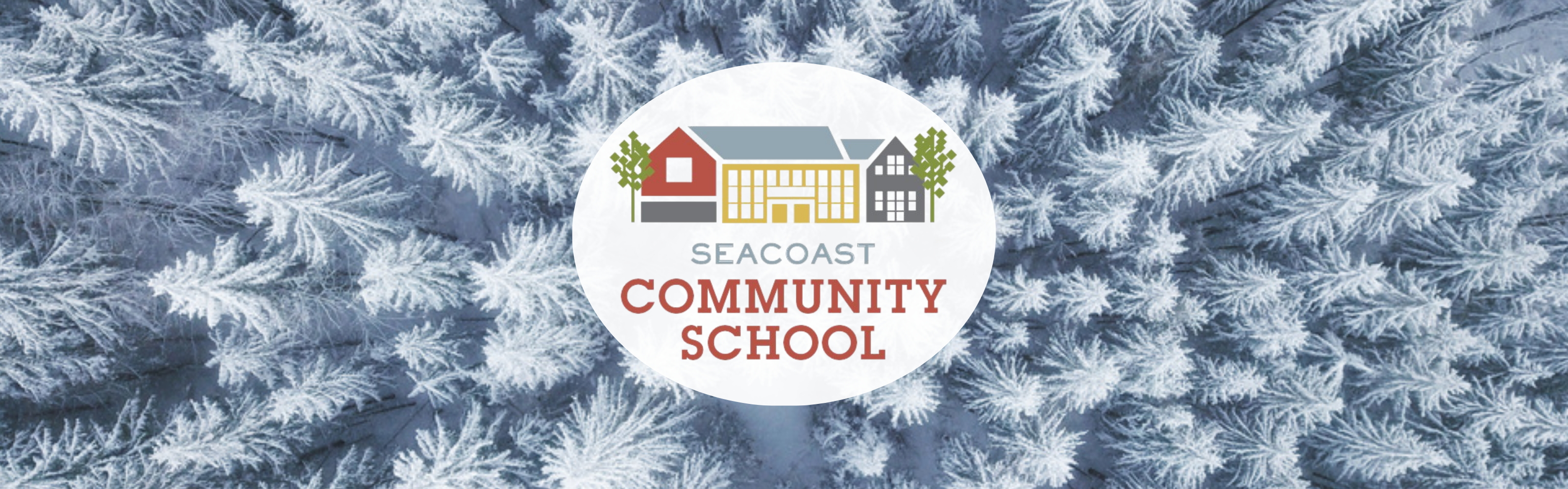 Seacoast Community School logo on a background of snowy trees