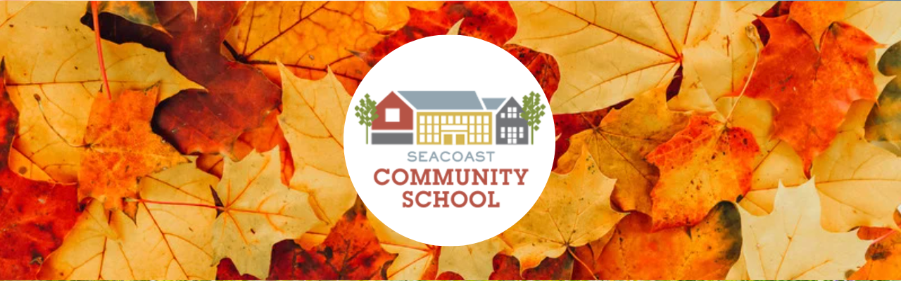 Seacoast Community School banner on top of fall leaves