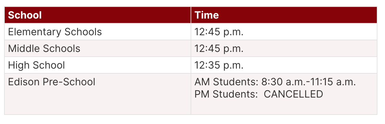 early dismissal schedule