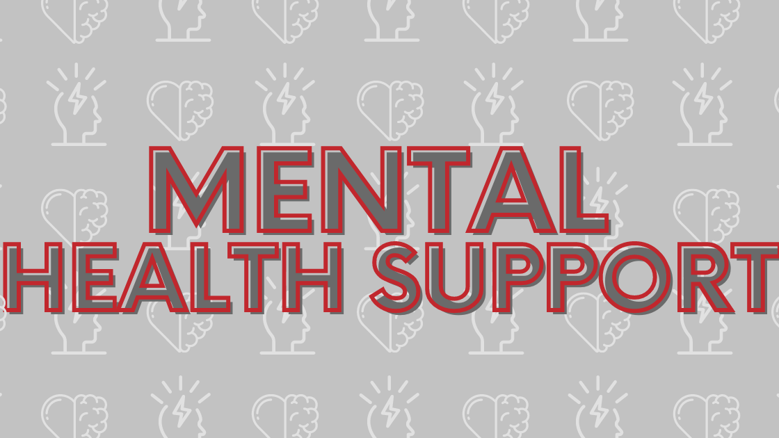 Mental Health Support text in gray letters with red outline
