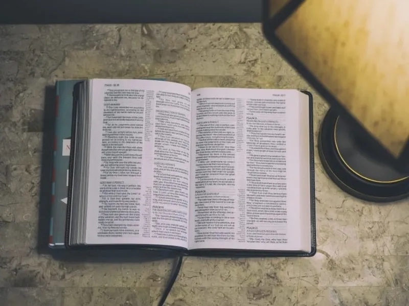 An open Bible on a table