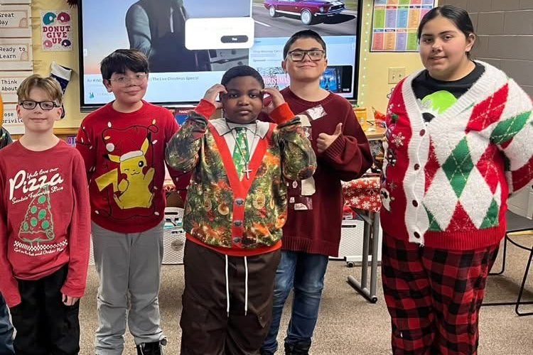 students dressed for Christmas