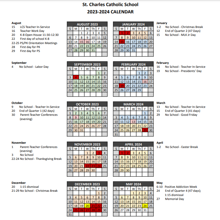 School Calendar St Charles Catholic School