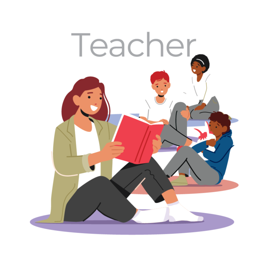 An illustration of a teacher with a group of students.