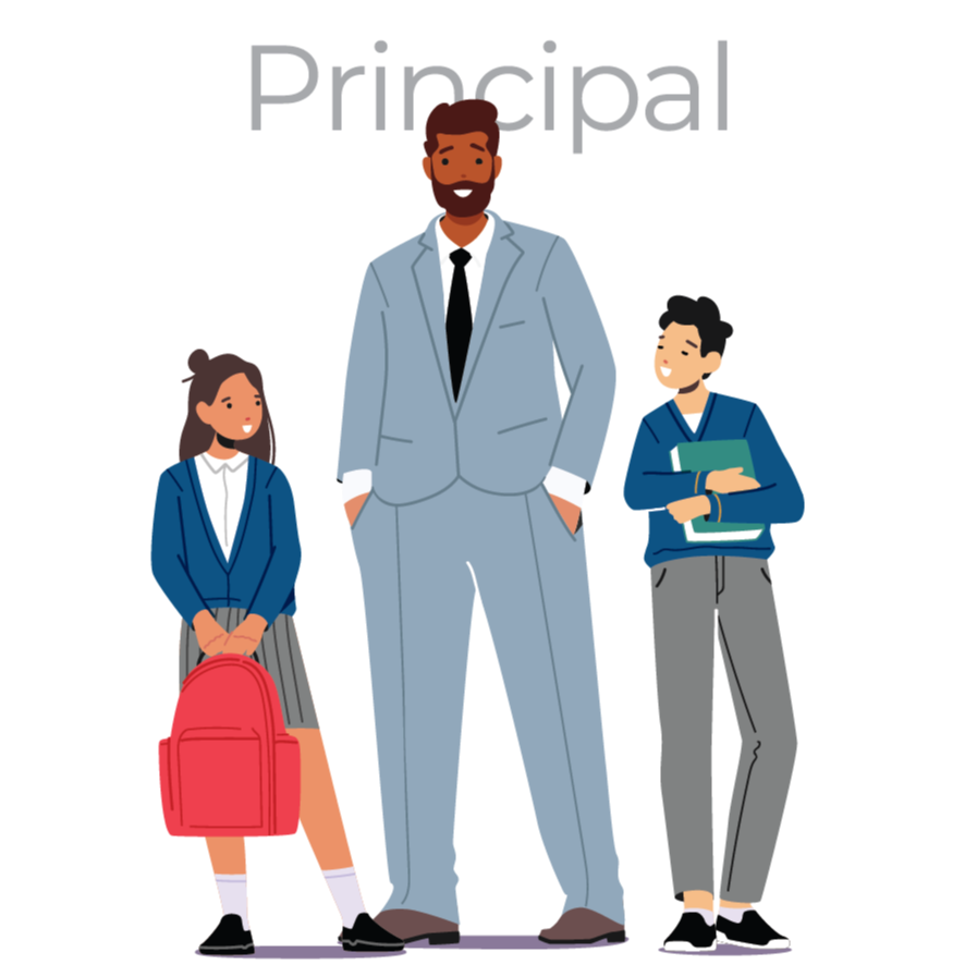 An illustration of a principal with two students.