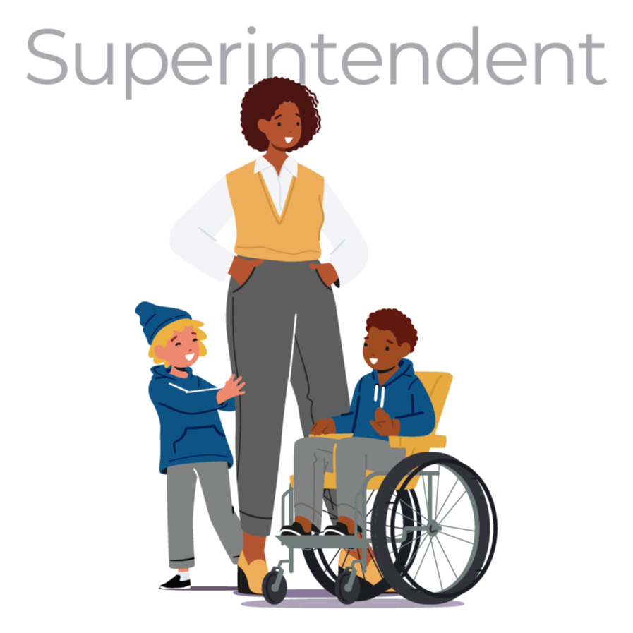 An illustration of a superintendent with two students.