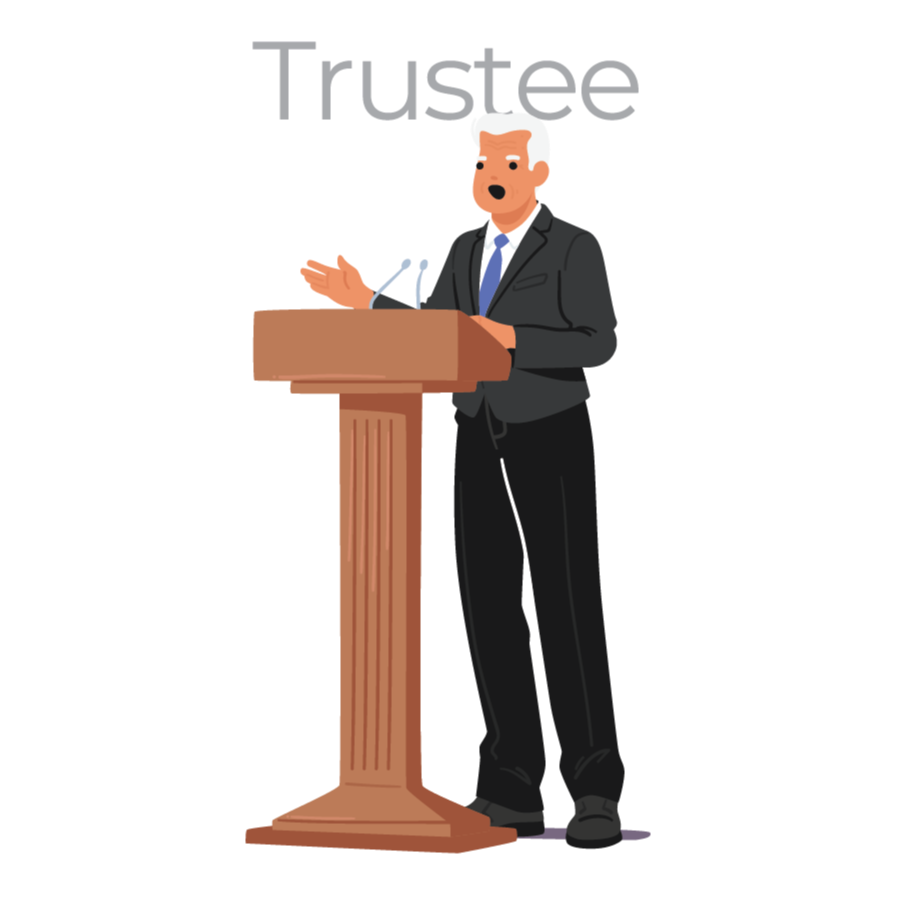 An illustration of a trustee speaking at a podium. 