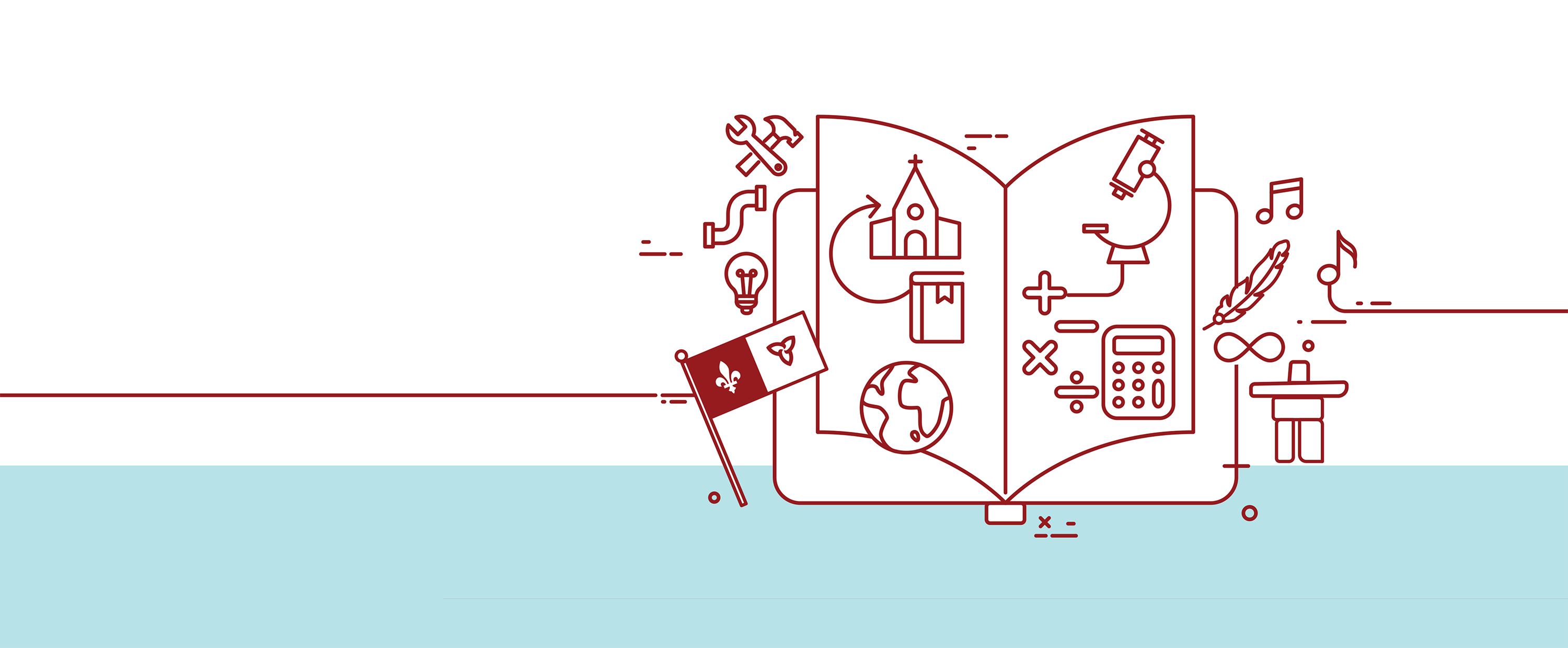 Banner for 2026-2027 Course Offerings Guide with illustration of book, tools, church, globe and calculator.
