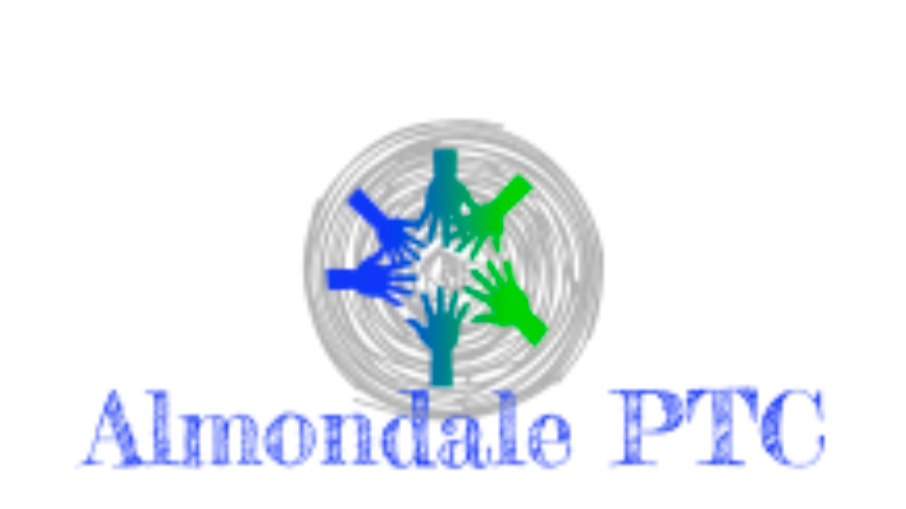 Almondale PTC logo of blue and green hands reaching into circle over grey circle