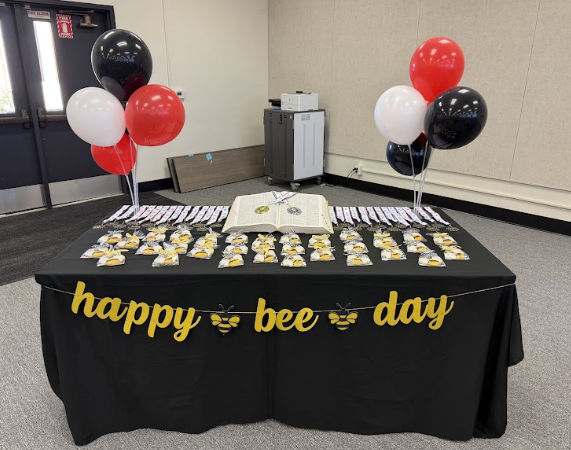 table with medals and balloons