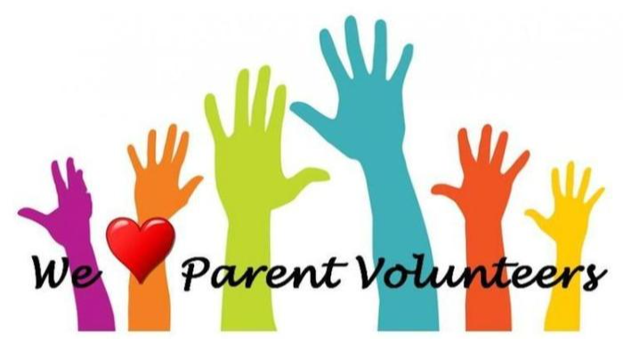 Colorful hands raised in air on white background with we, red heart, parent volunteers
