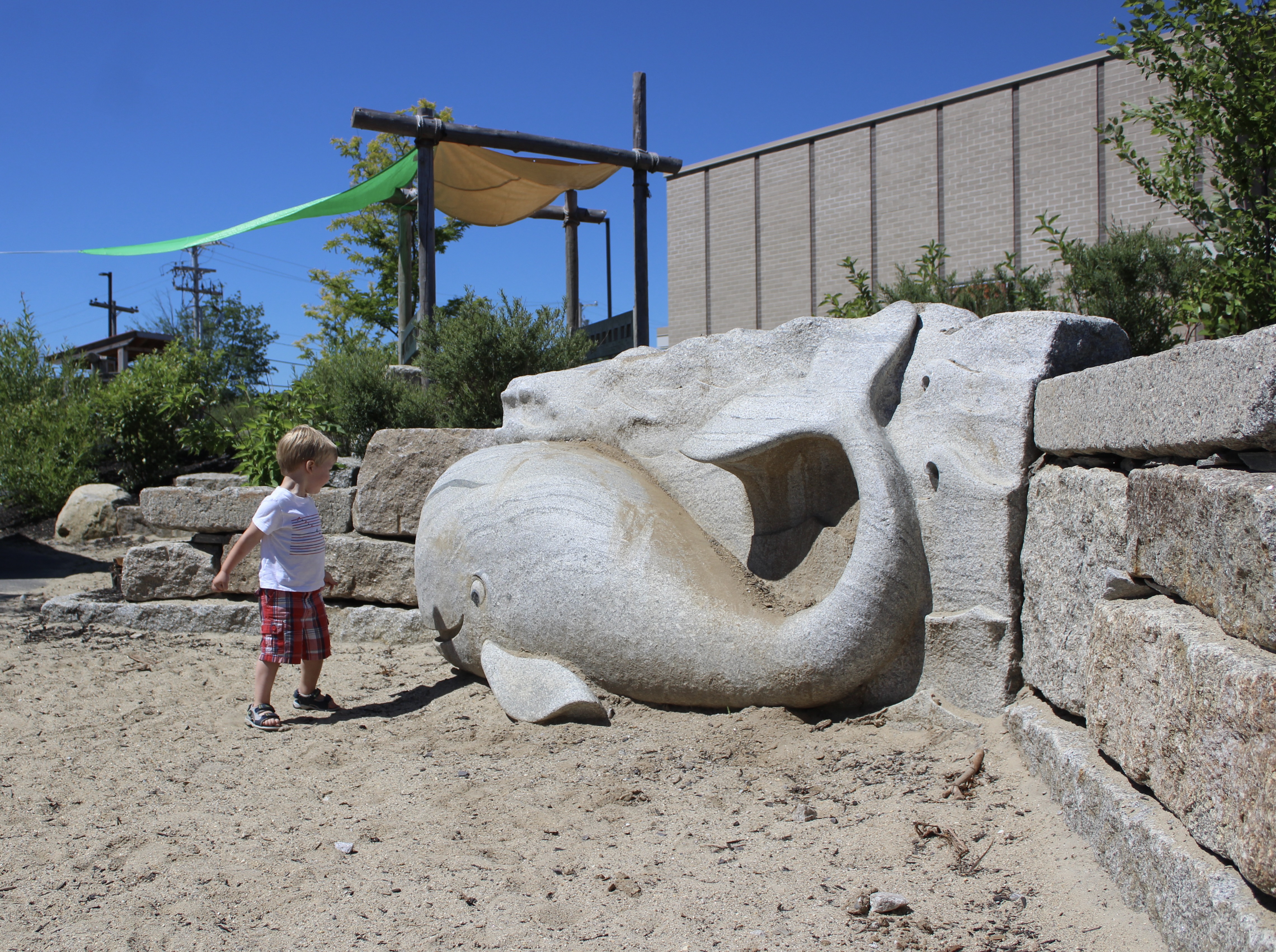 A playground with whale sculpture.