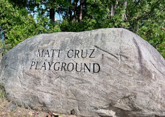 Matt Cruz memorial rock in VES's upper playground. 