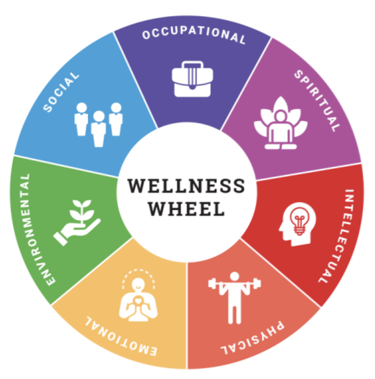 The Wellness Wheel shows the parts of wellness include occupational, spiritual, intellectual, physical, emotional, environmental, and social.