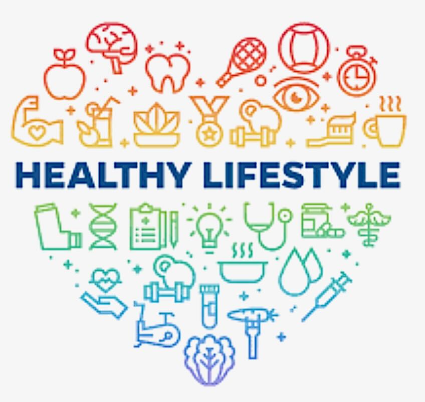 This is a rainbow colored graphic of healthy things that together make up a healthy lifestyle. 