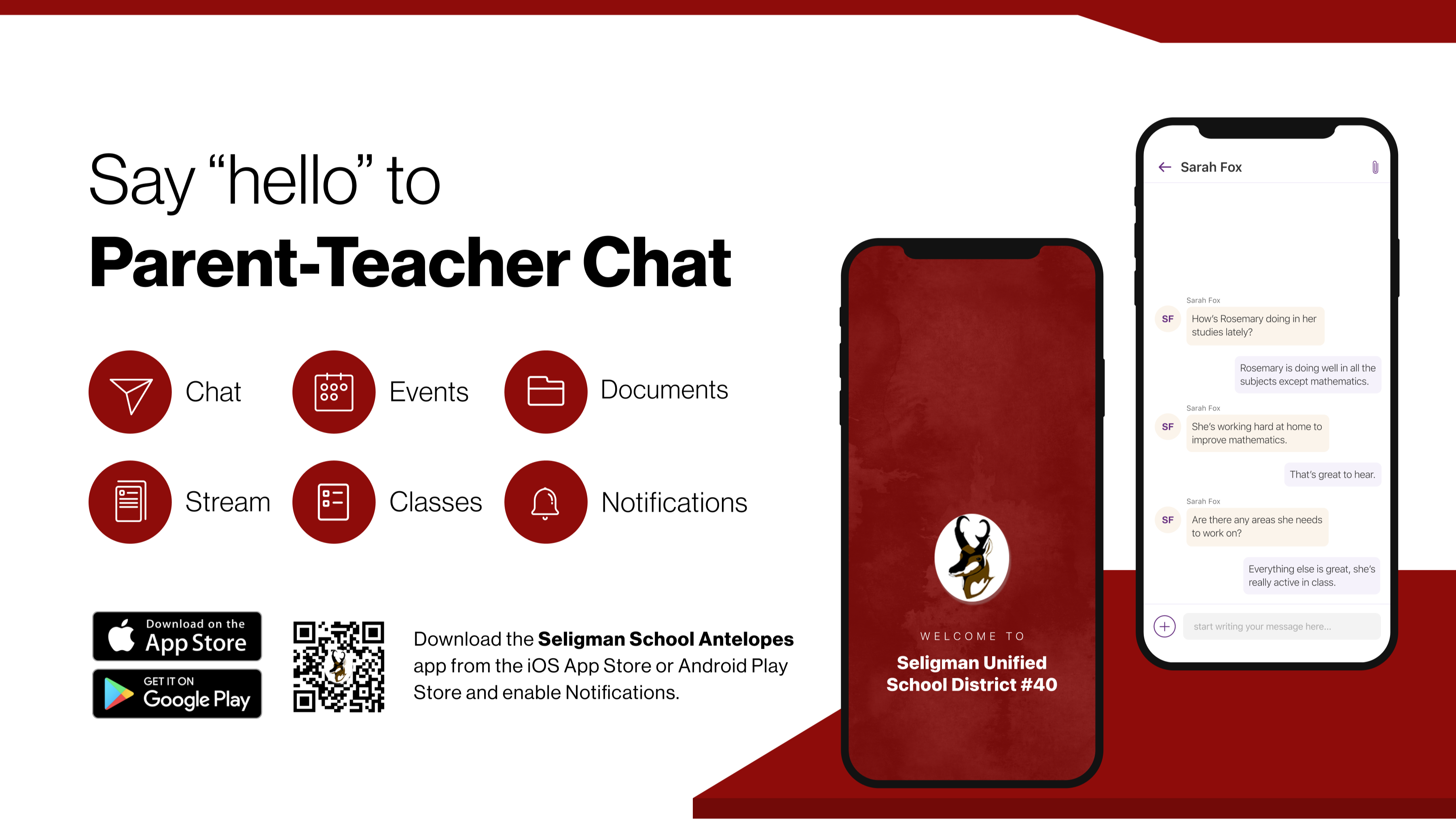 Say hello to Parent-Teacher chat in the new Rooms app. Download the Seligman Unified School District #40 app in the Google Play or Apple App store