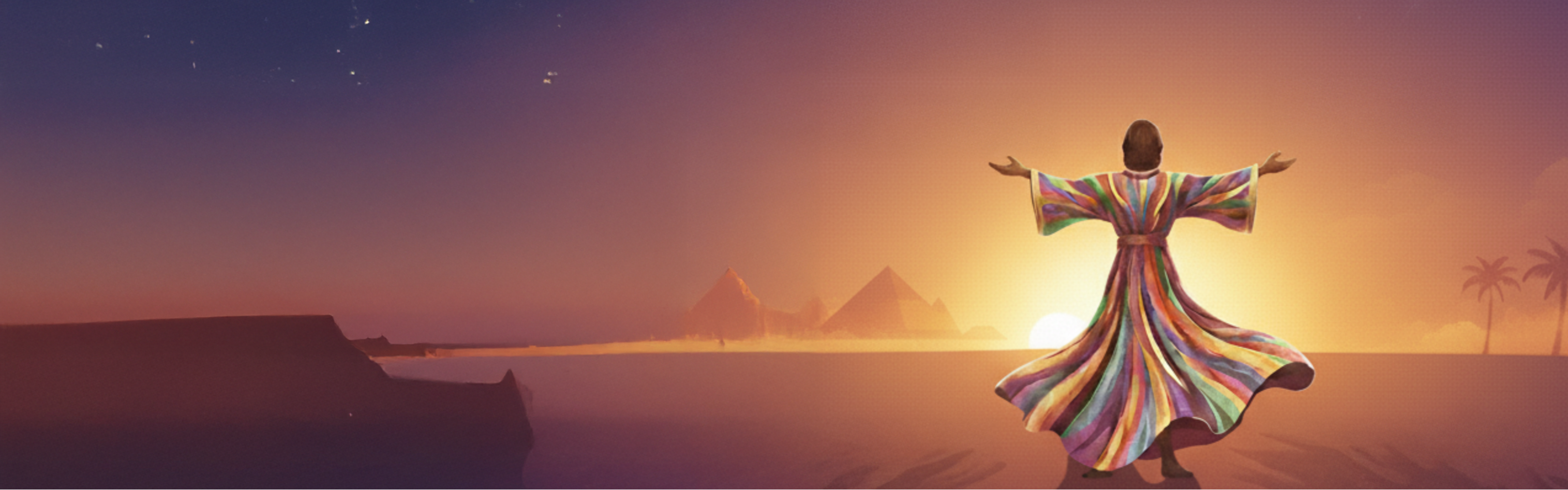 Poster artwork of Joseph in his coat standing in front of the Egyptian desert landscape with pyramids