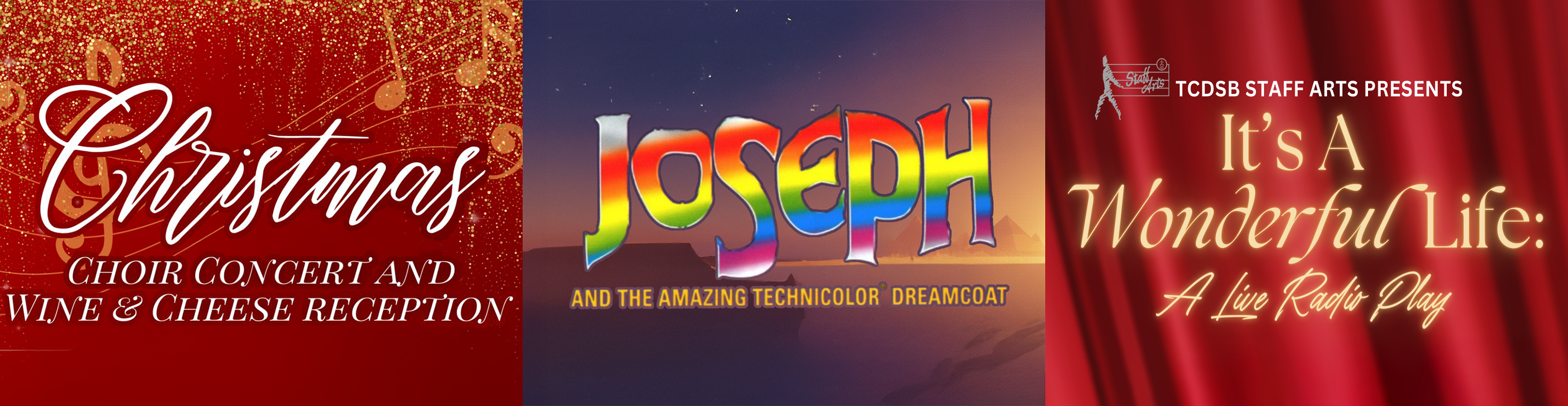 Banner showing a collage of the Christmas concert, Joesph and the Amazing Technicolor Dreamcoat and It's a Wonderful Life posters