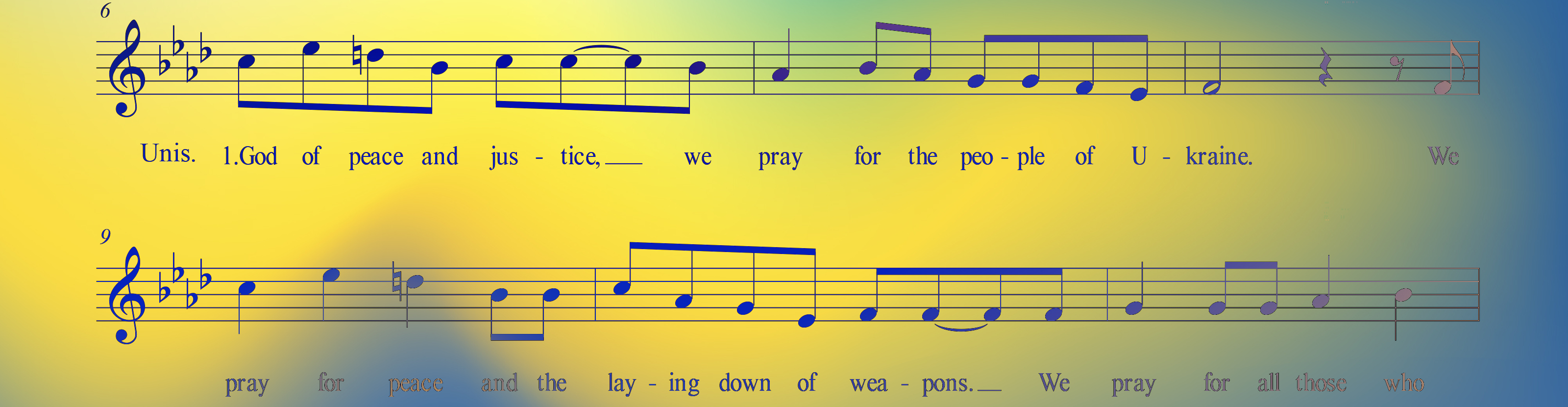 Banner showing a portion of the sheet music from the prayer along with lyrics on top of a yellow and blue flag background, the Ukraine flag colors