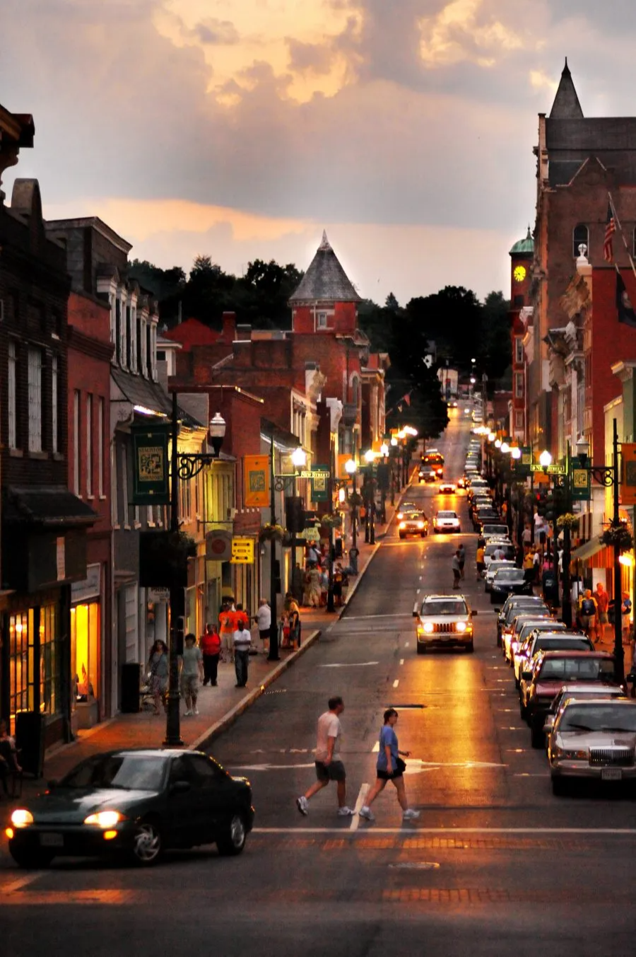 Downtown Staunton at dusk with some city lights on - Photo by Woods Pierce