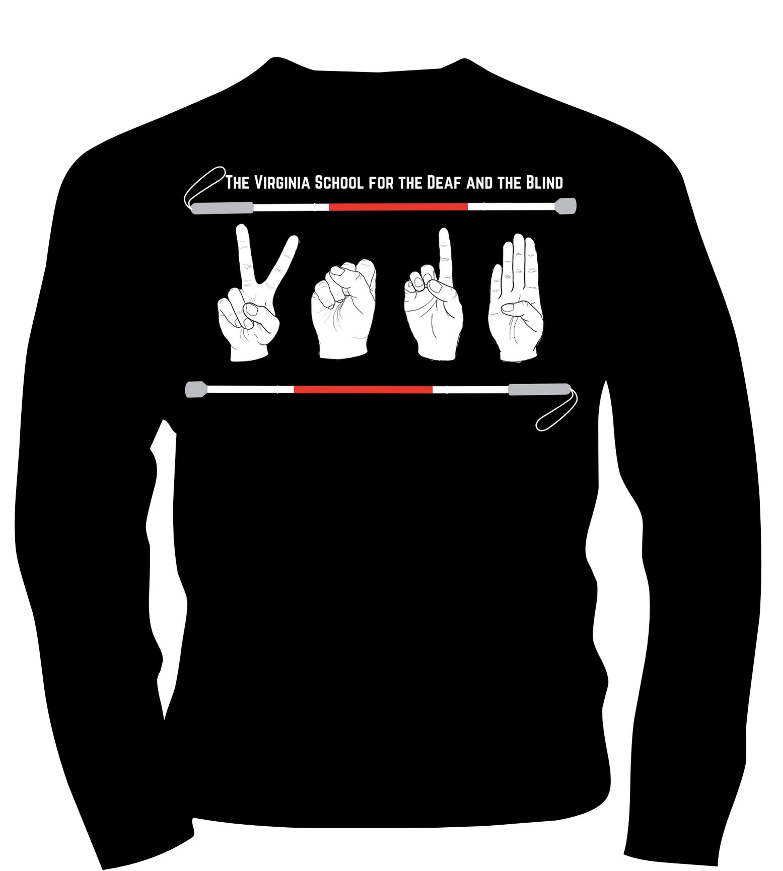 black long sleeve shirt with VSDB in ASL handshapes, and white canes above and below the VSDB text