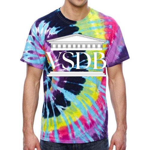 tie dye vsdb tshirt. VSDB white columns logo with VSDB across the middle