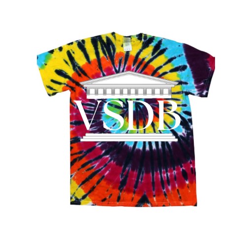 tie dye tshirt with VSDB white columns and the VSDB text across the middle