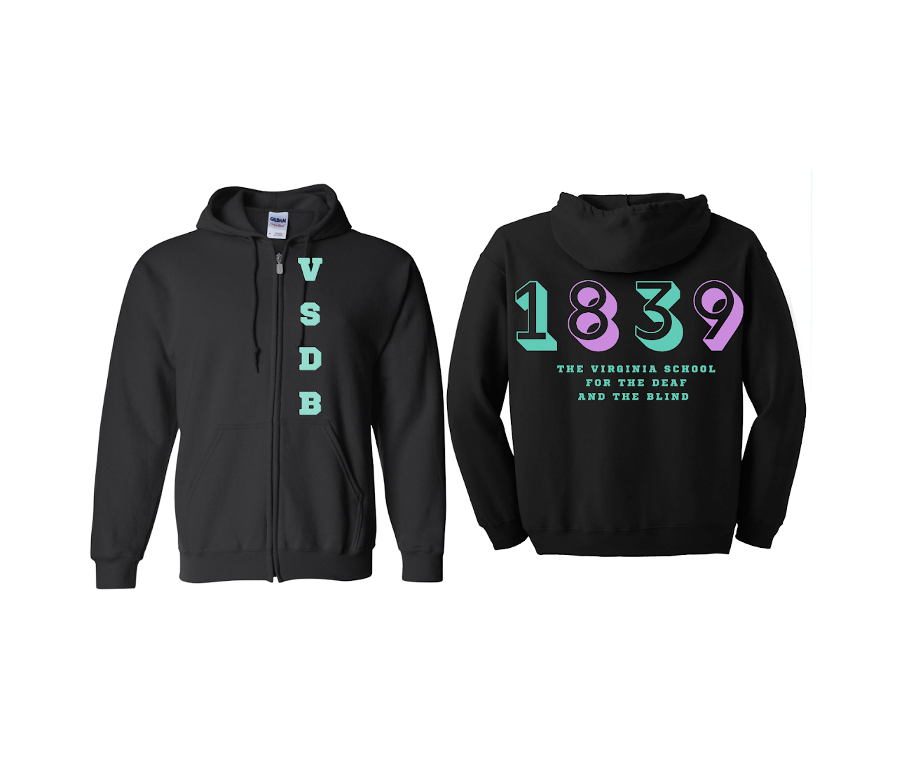 black zip up hoodie. front text has VSDB going down the left side. back says 1839 in large text and the virginia school for the deaf and the blind underneath