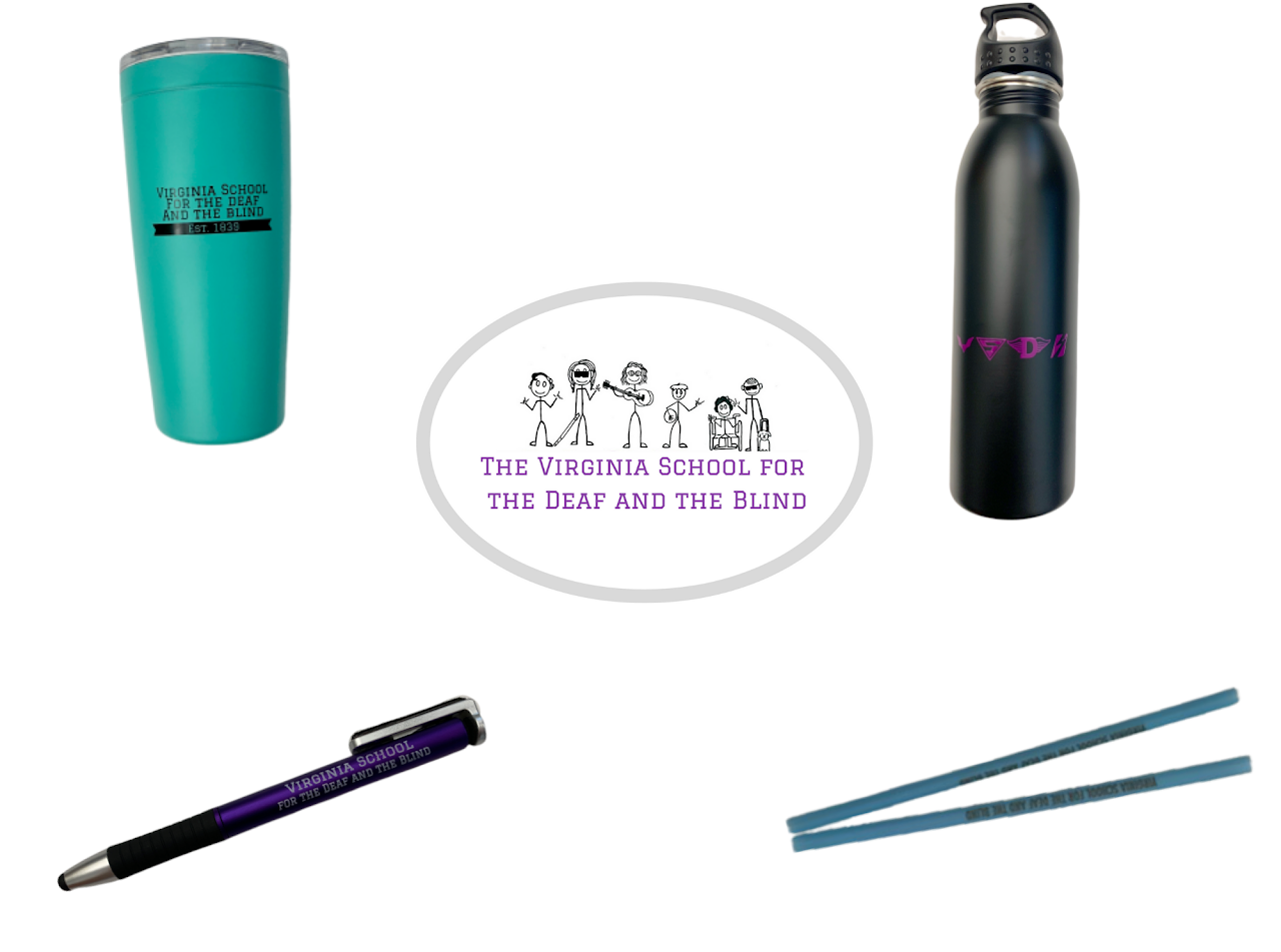 teal VSDB cup, VSDB magnet, black VSDB water bottle, VSDB straws, VSDB pens