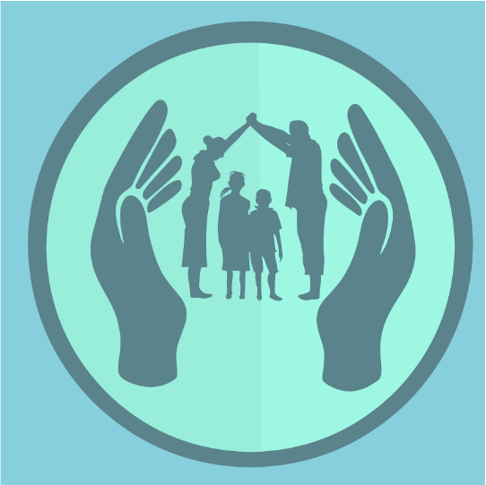 blue background with image of two large hands encasing two adults who are holding their hands over two children