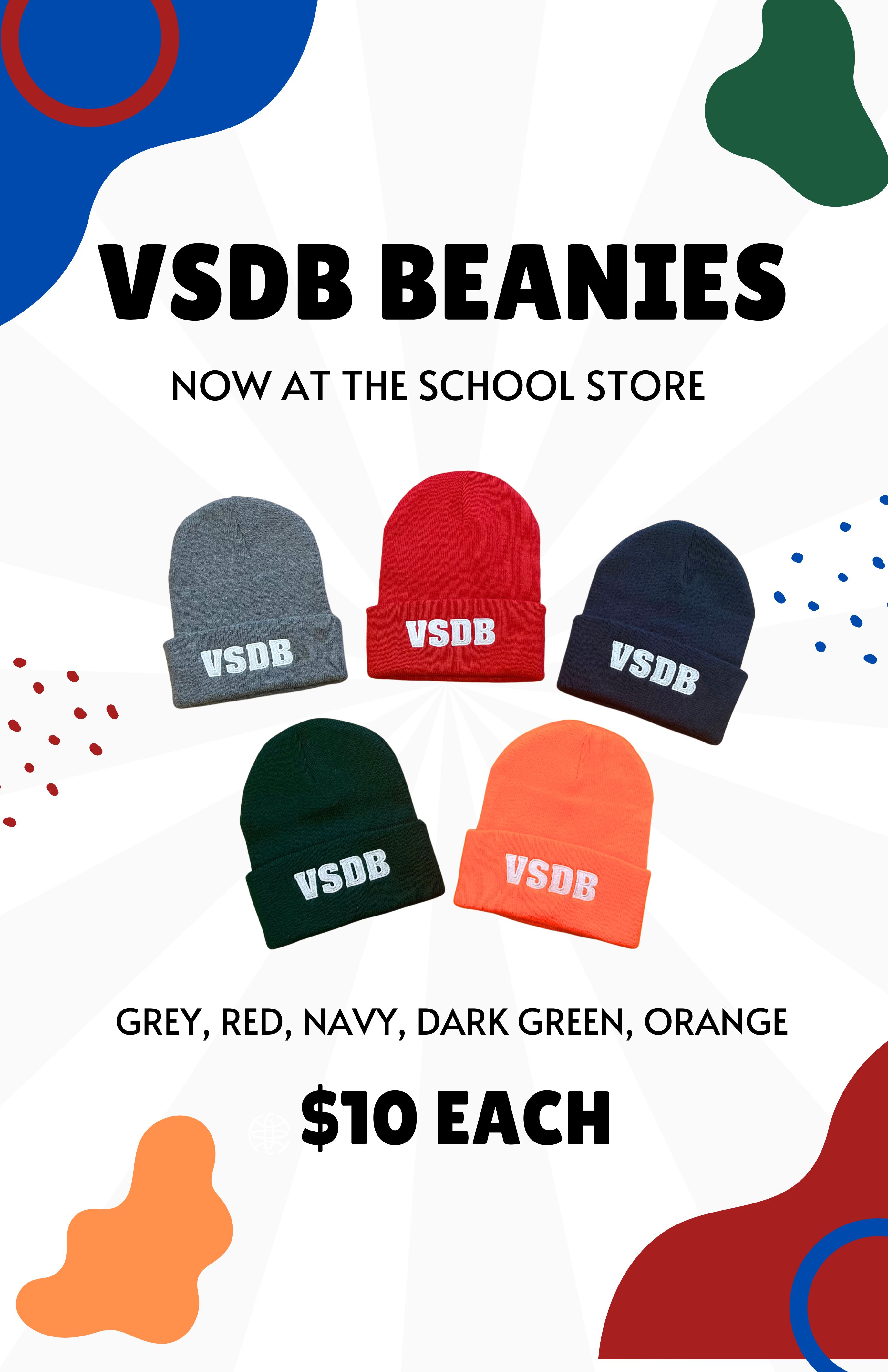 VSDB beanies. 5 beanies - one gray, one red, one navy, one dark green and one orange with VSDB on the front brim.  $10 each