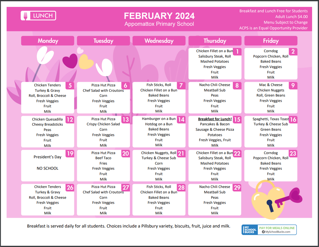 Lunch Menu Appomattox Primary School