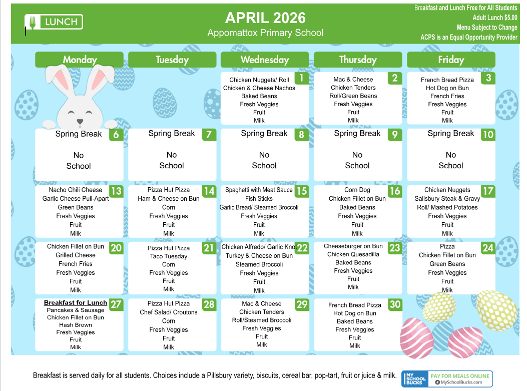 April 2026 menu