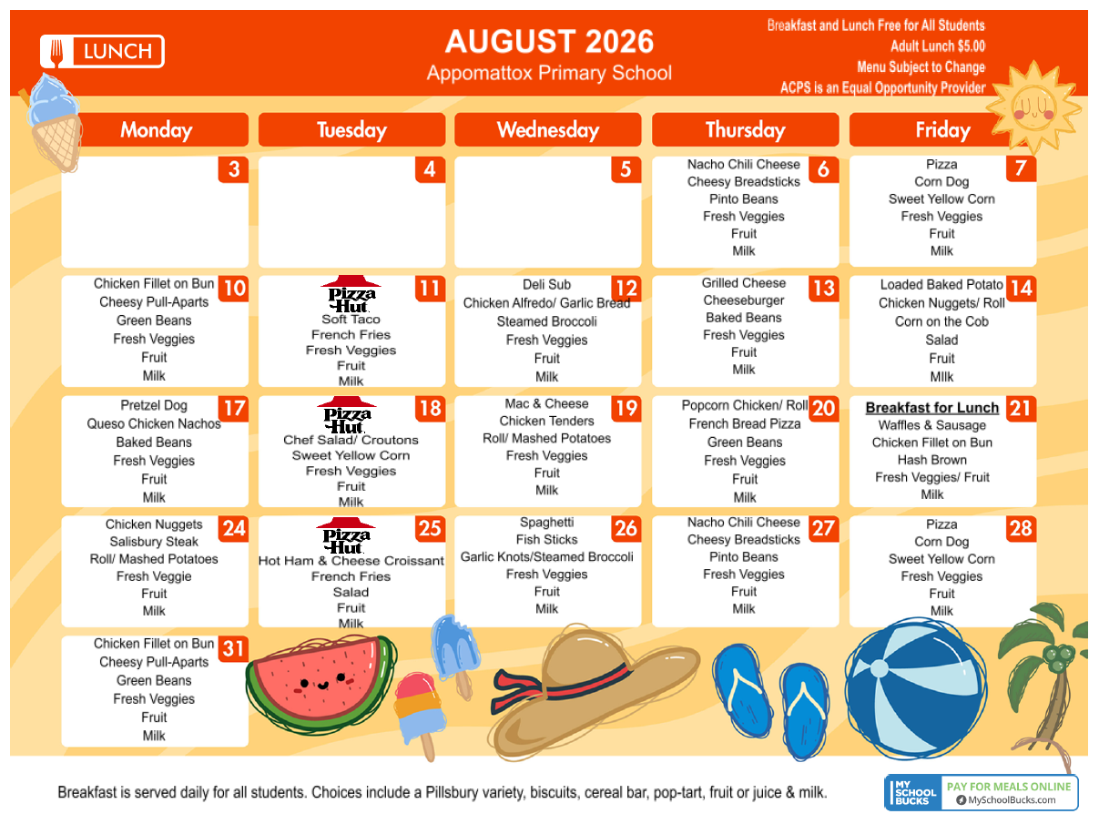 August 2026 menu