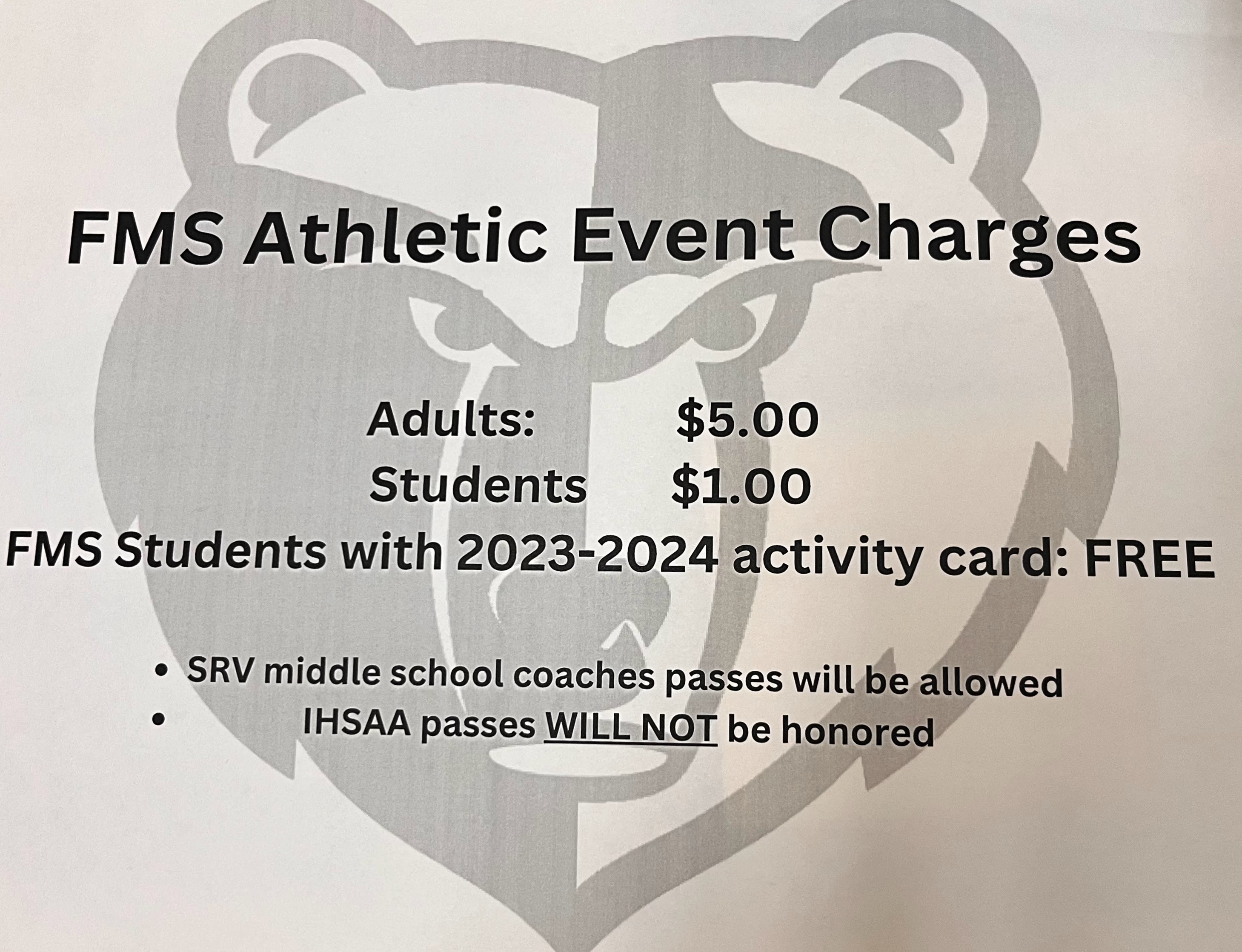 FMS Athletic Event Charges; adults $5, students $1, students wtih activity card free